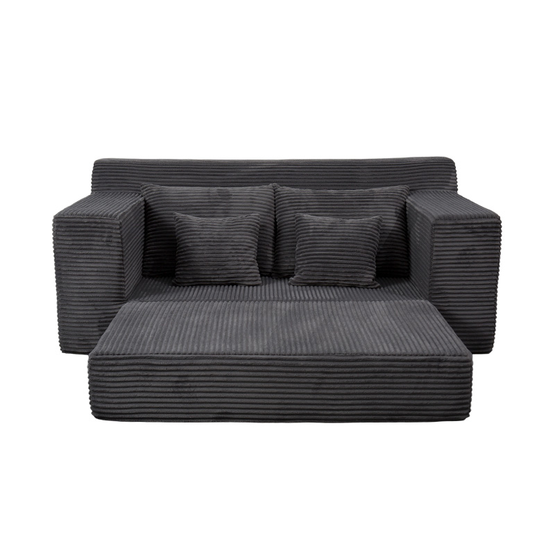 Transformable Modular Sofa Bed in Dark Gray Corduroy with Multiple Cushions