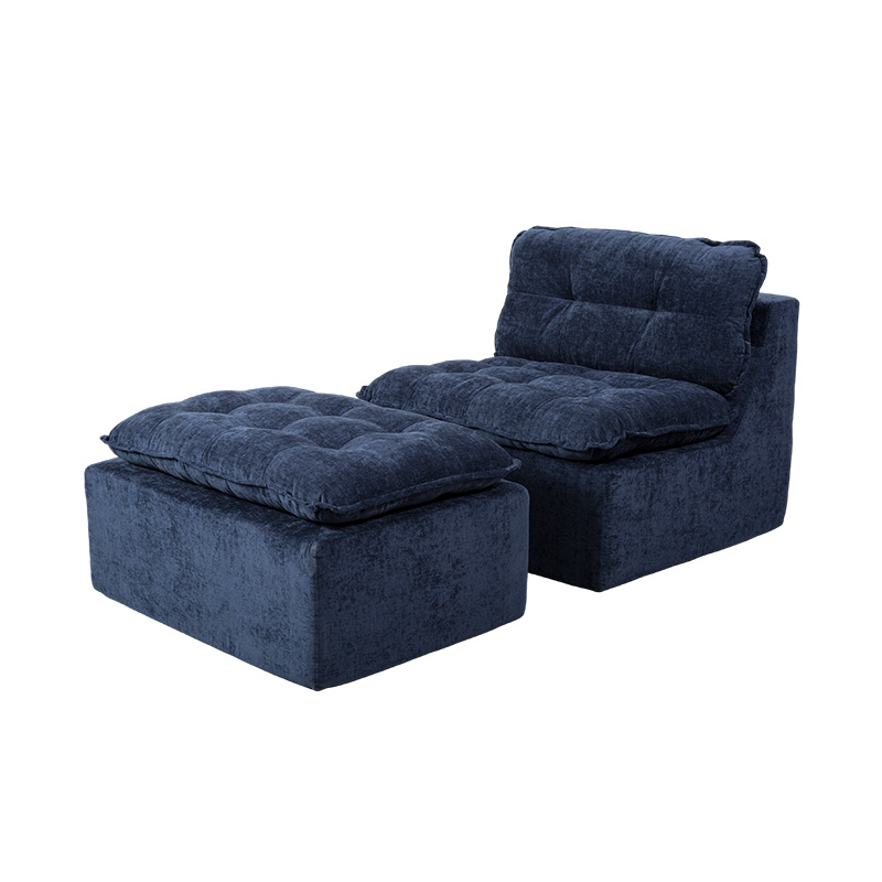 Modular Full-Foam Sofa Set in Deep Blue Corduroy with Cushioned Backrest and Matching Ottoman