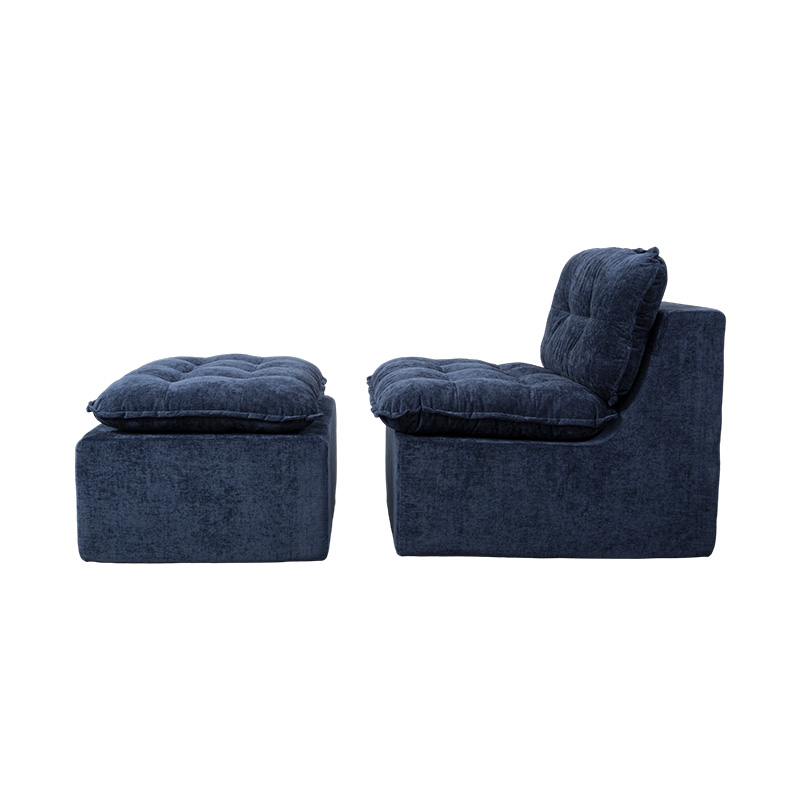 Modular Full-Foam Sofa Set in Deep Blue Corduroy with Cushioned Backrest and Matching Ottoman