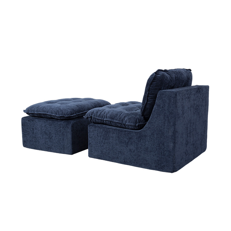 Modular Full-Foam Sofa Set in Deep Blue Corduroy with Cushioned Backrest and Matching Ottoman