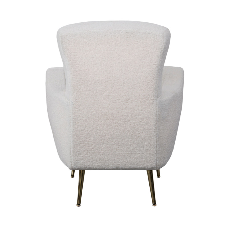 Single Lounge Chair in Cream Faux Sherpa with Curved Backrest, Gold Metal Legs, and Armrests