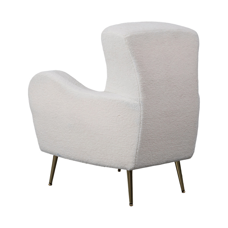 Single Lounge Chair in Cream Faux Sherpa with Curved Backrest, Gold Metal Legs, and Armrests