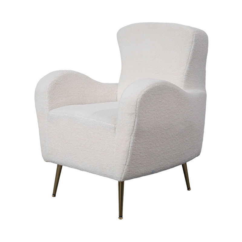 Single Lounge Chair in Cream Faux Sherpa with Curved Backrest, Gold Metal Legs, and Armrests