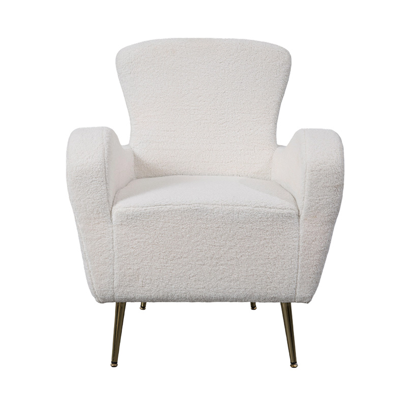 Single Lounge Chair in Cream Faux Sherpa with Curved Backrest, Gold Metal Legs, and Armrests