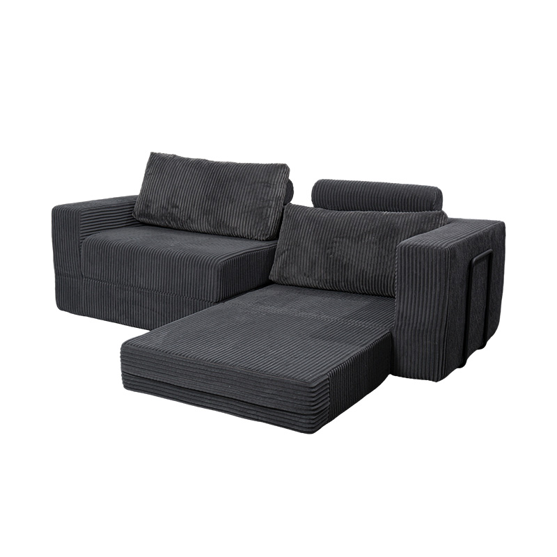 Modern Convertible Sofa in Dark Gray Corduroy with Cushions, Flexible Modular Layout