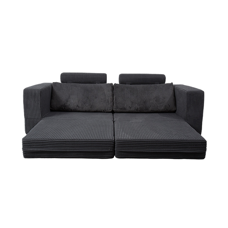 Modern Convertible Sofa in Dark Gray Corduroy with Cushions, Flexible Modular Layout