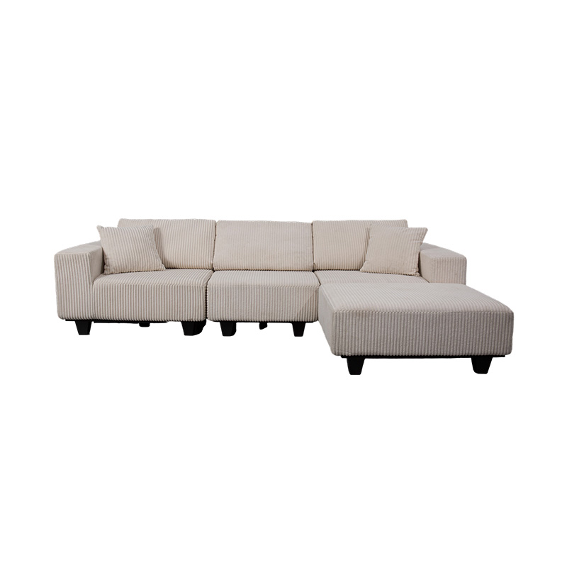Large L-Shaped Corner Sofa in Off-White Corduroy with Modern Minimalist Design