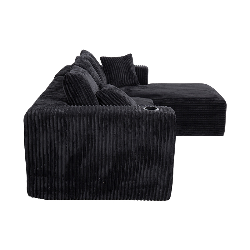 Large L-Shaped Corner Sofa in Black Corduroy with Full-Foam Modules, Multiple Cushions, and Built-in Cup Holders