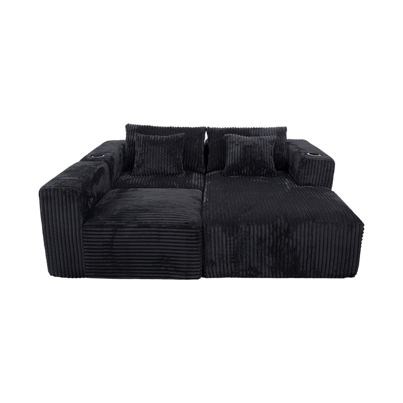 Large L-Shaped Corner Sofa in Black Corduroy with Full-Foam Modules, Multiple Cushions, and Built-in Cup Holders