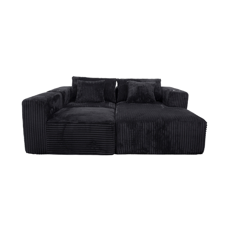 Large L-Shaped Corner Sofa in Black Corduroy with Full-Foam Modules, Multiple Cushions, and Built-in Cup Holders