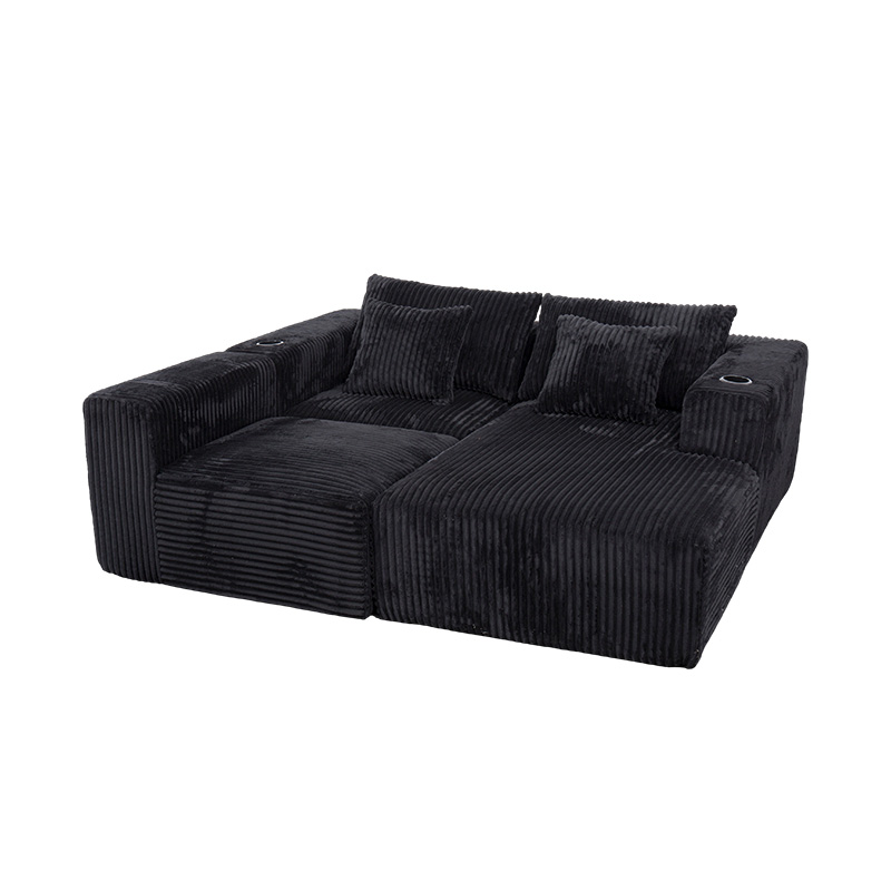 Large L-Shaped Corner Sofa in Black Corduroy with Full-Foam Modules, Multiple Cushions, and Built-in Cup Holders