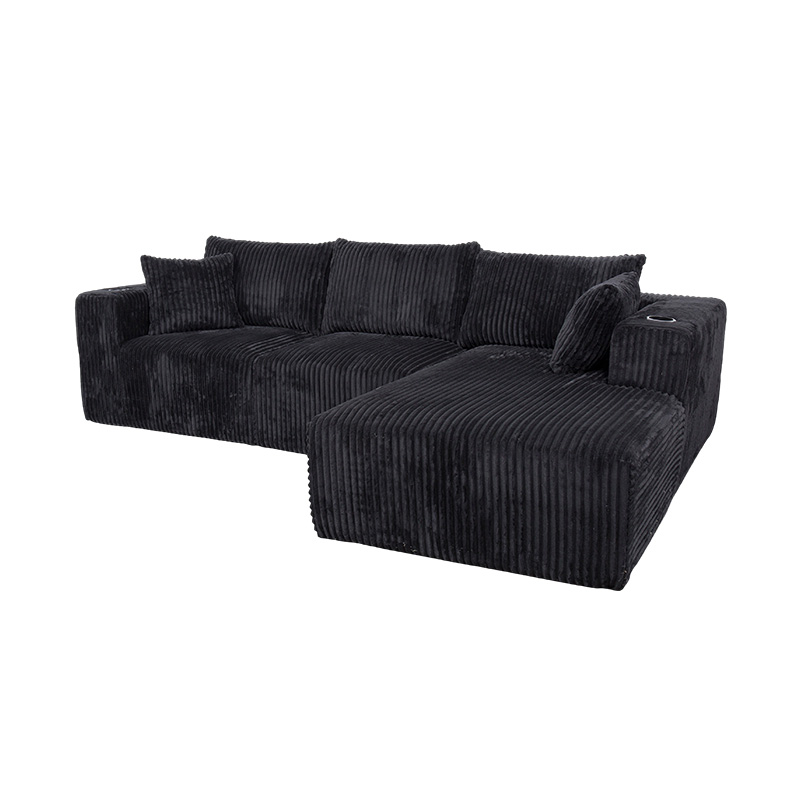 Large L-Shaped Corner Sofa in Black Corduroy with Full-Foam Modules, Multiple Cushions, and Built-in Cup Holders